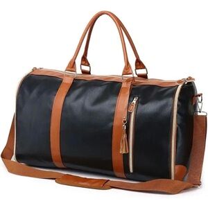 New Unisex Black Garmet Duffel Bag with Cognac Accents- Classic Travel Weekender